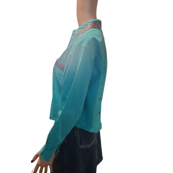 Vintage Nuovo Sz S Aztec Embellished Blue Cotton Cropped Button Up Shirt - Picture 4 of 13